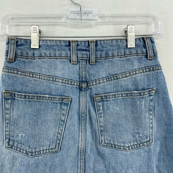 Topshop Jean Skirt Women's Sz 2 Blue Frayed Hem Mini High Rise Distressed Denim - Picture 7 of 11